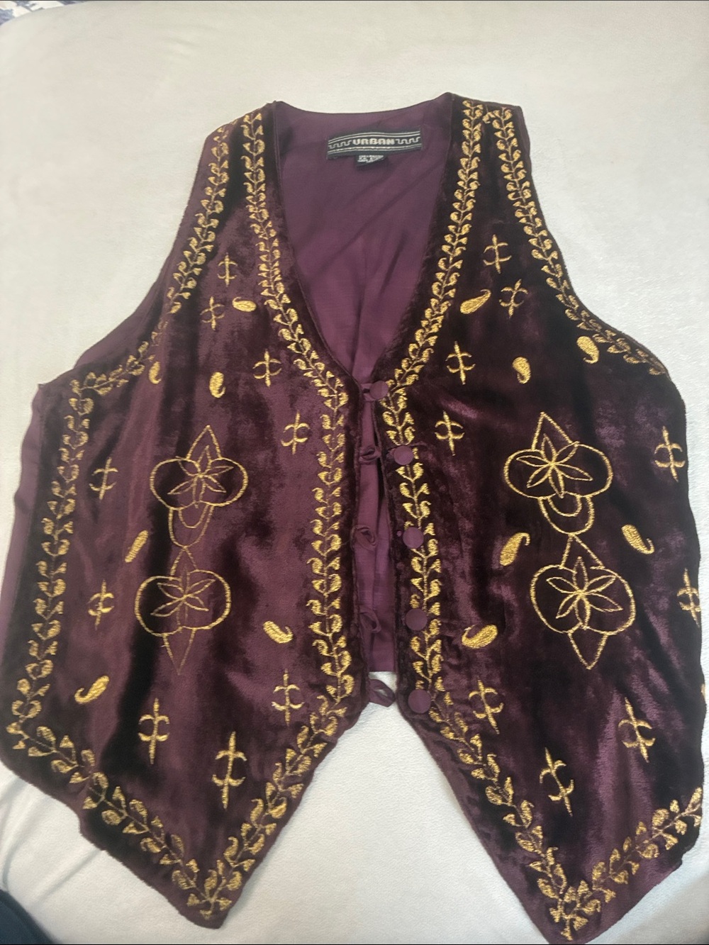 Urban Outfitters Plum Velvet Embroidered Vest with Gold Accents